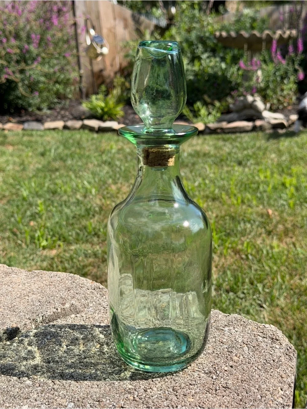 Vintage Green Bourbon Decanter, Faded Etched Duck/Hunting Dog. Original Stopper.